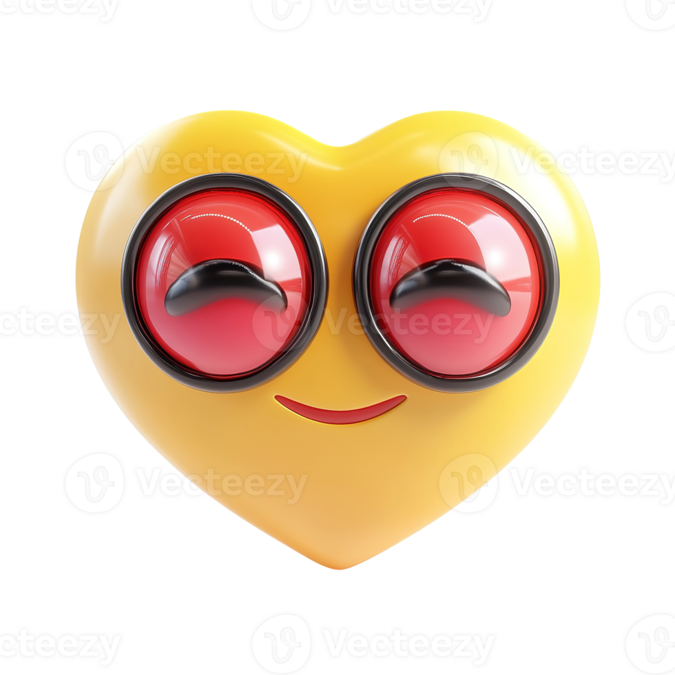 A yellow heart shaped emoji with red eyes and a smile png