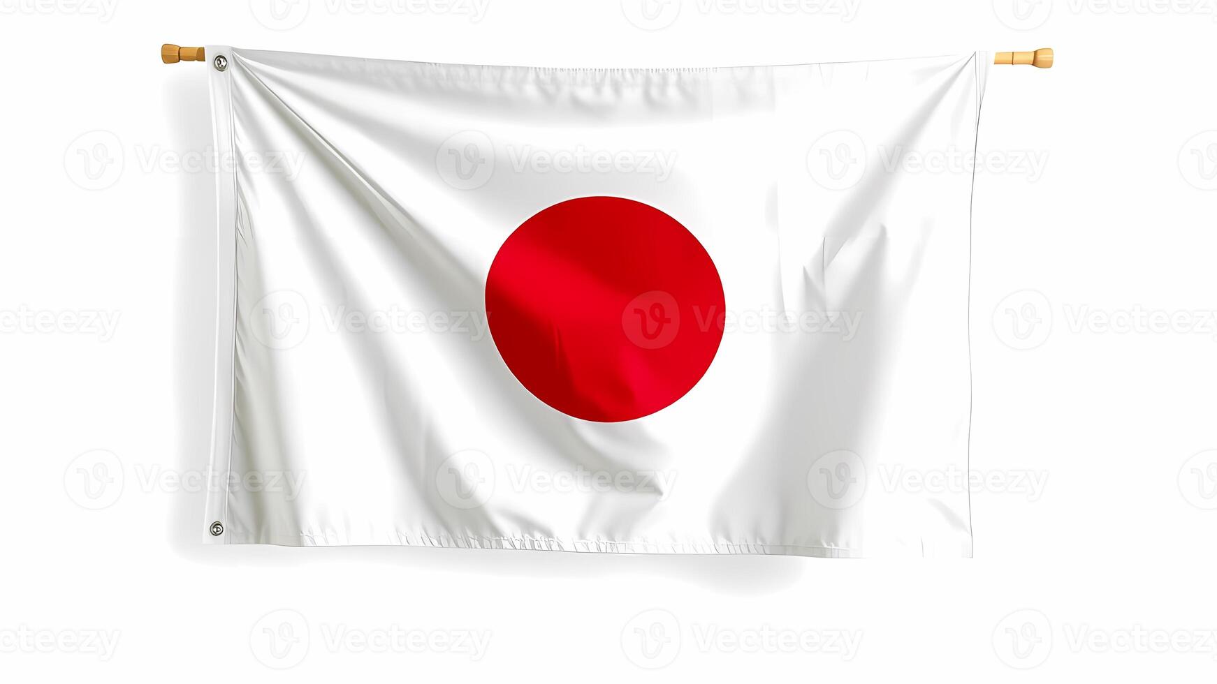 Displaying Japanese Flag Hanging From Wooden Pole with Red Circle Design photo