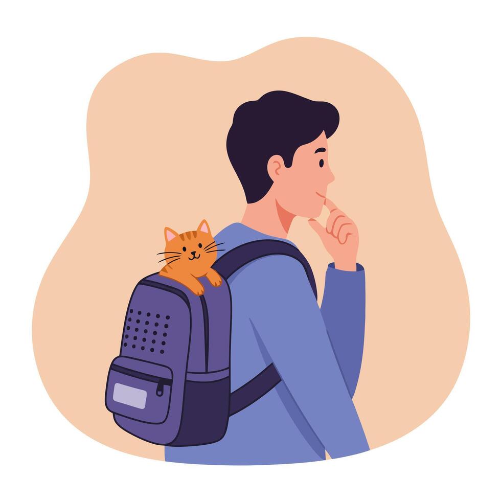 Man with Cat in Backpack Looking Curious Cartoon Illustration vector