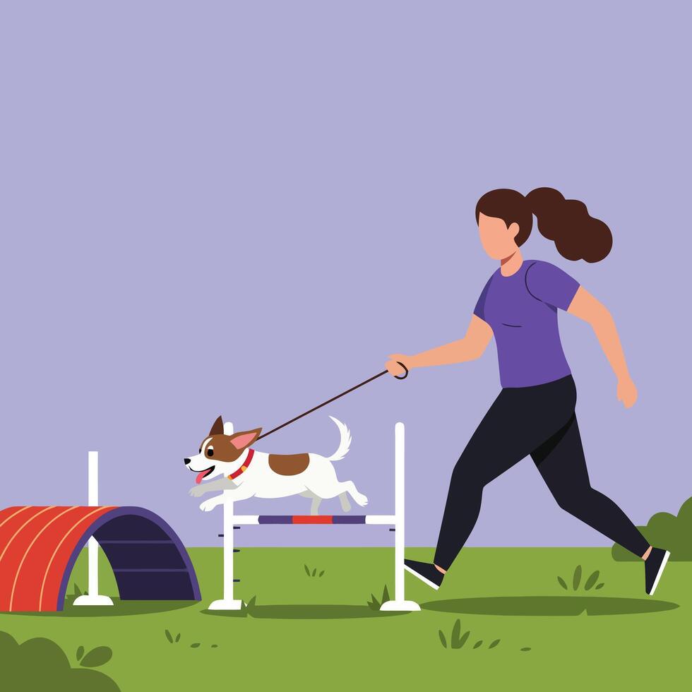 Dog Agility Training with Woman Running and Dog Jumping Over Hurdle vector