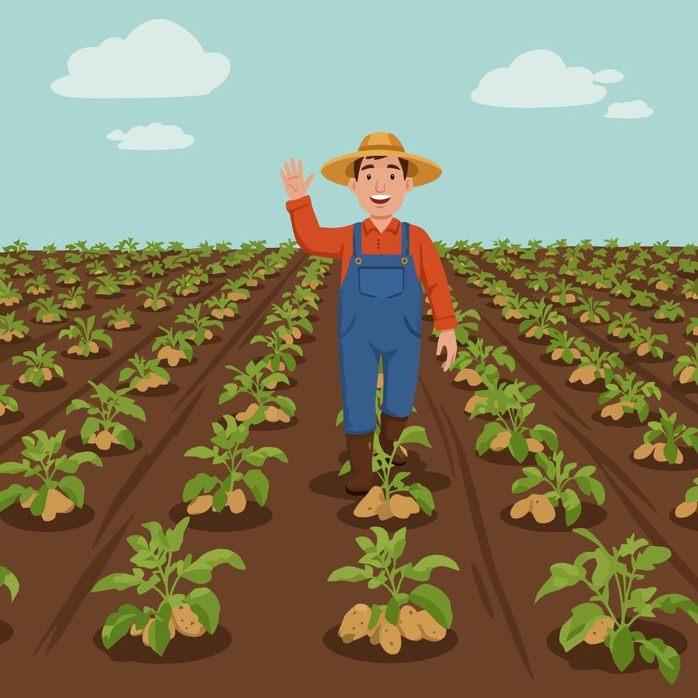 Farmer Waving Hand Standing in Potato Field Under Blue Sky vector
