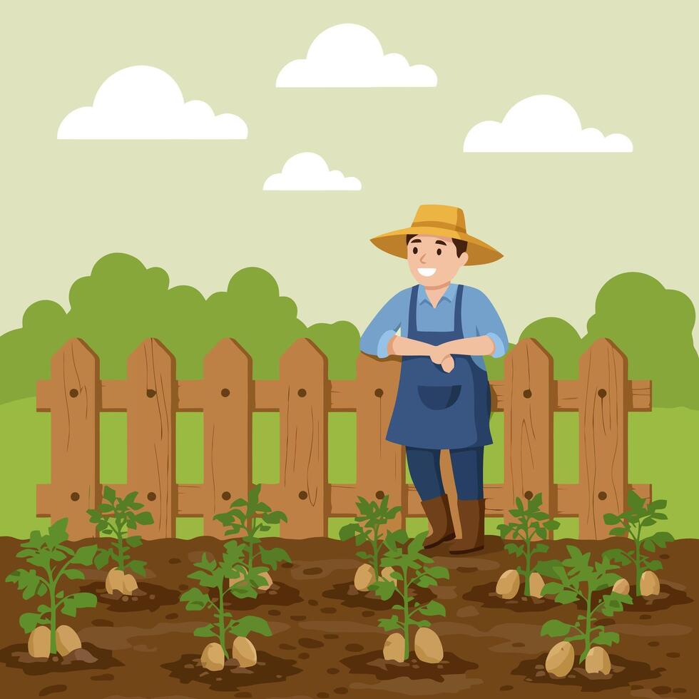 Farmer Resting by Fence with Potatoes Growing in Garden Illustration vector