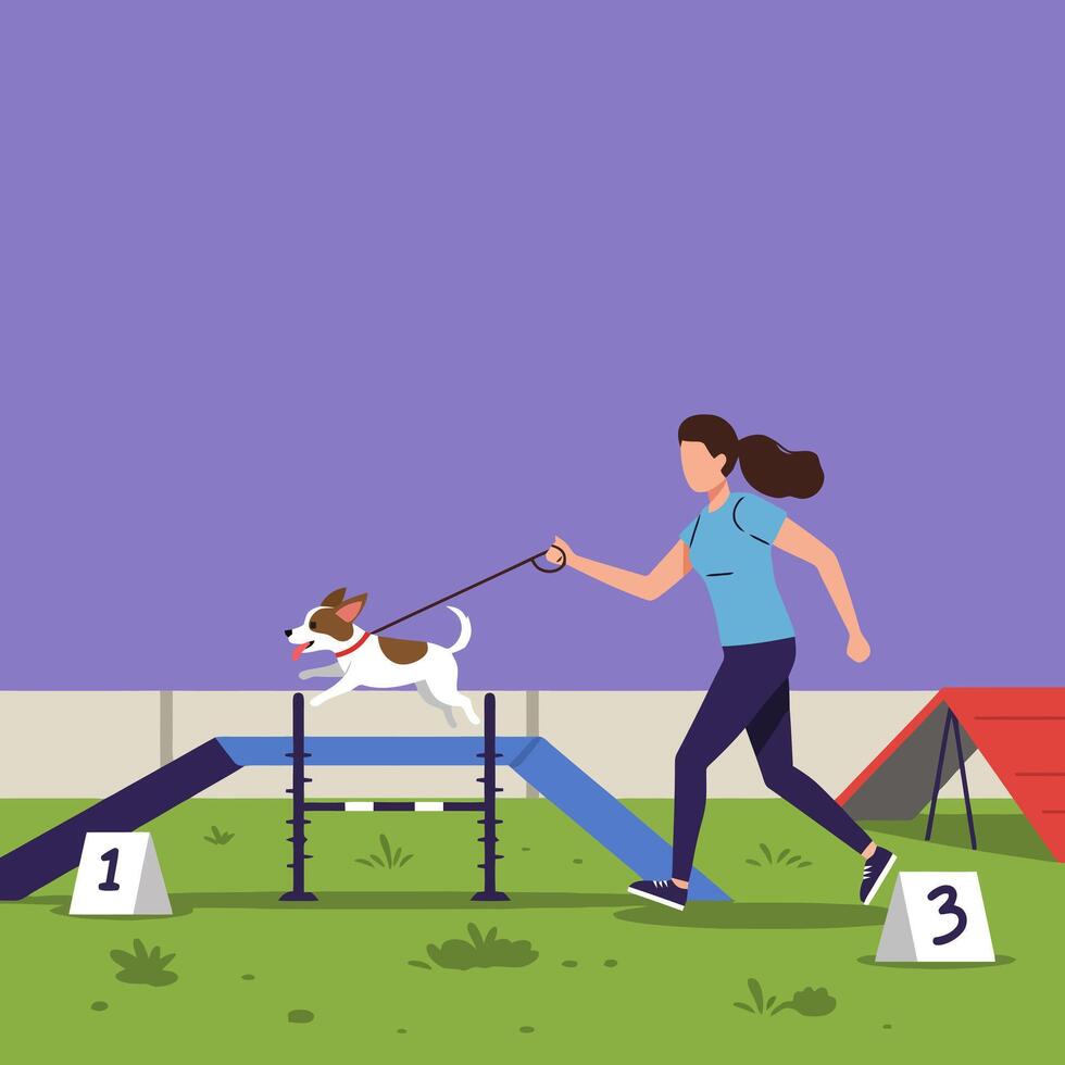 Woman and Dog Running Obstacle Course Training for Animal Sports vector
