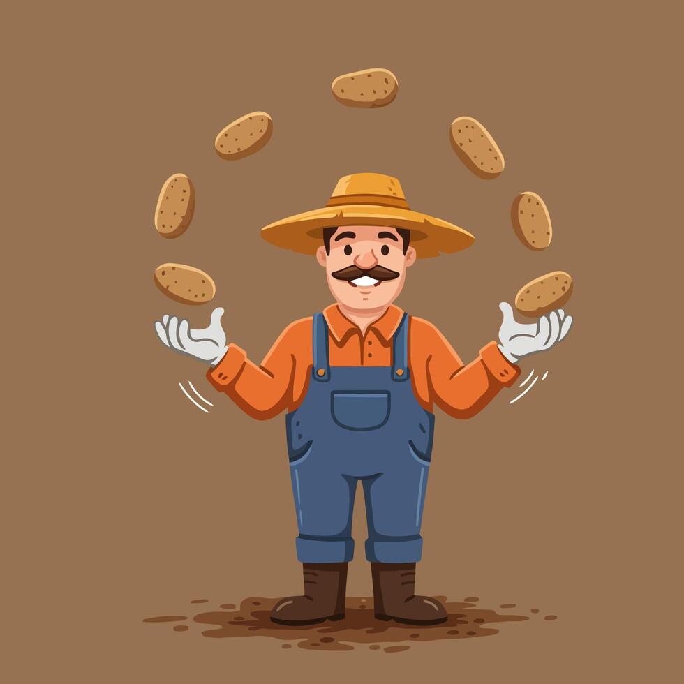 Cartoon Farmer Juggling Potatoes Skillfully in the Field Illustration vector