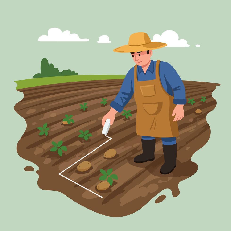 Farmer Marking Potato Field with Chalk Illustration for Agriculture Concept vector