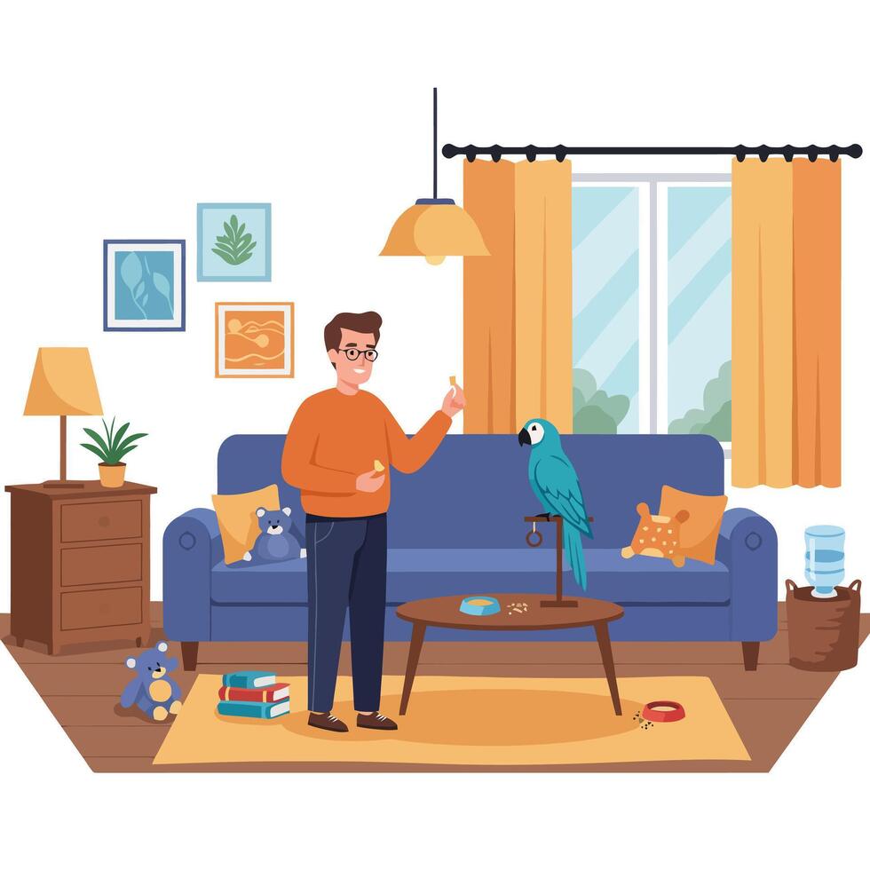 Man Feeding Parrot in Living Room Interior with Modern Design vector