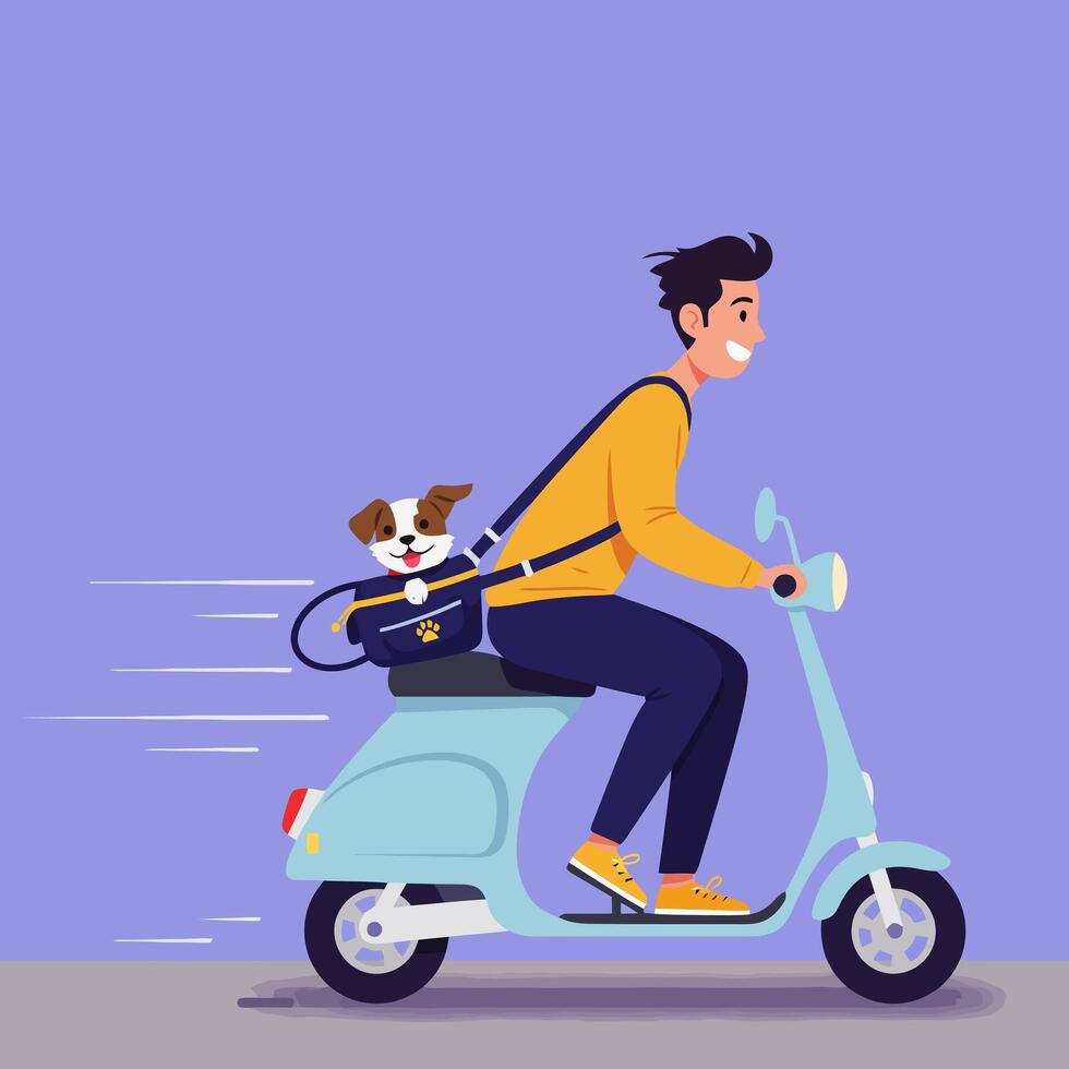 Man Riding Light Blue Scooter with Dog in Carrier Cheerfully vector