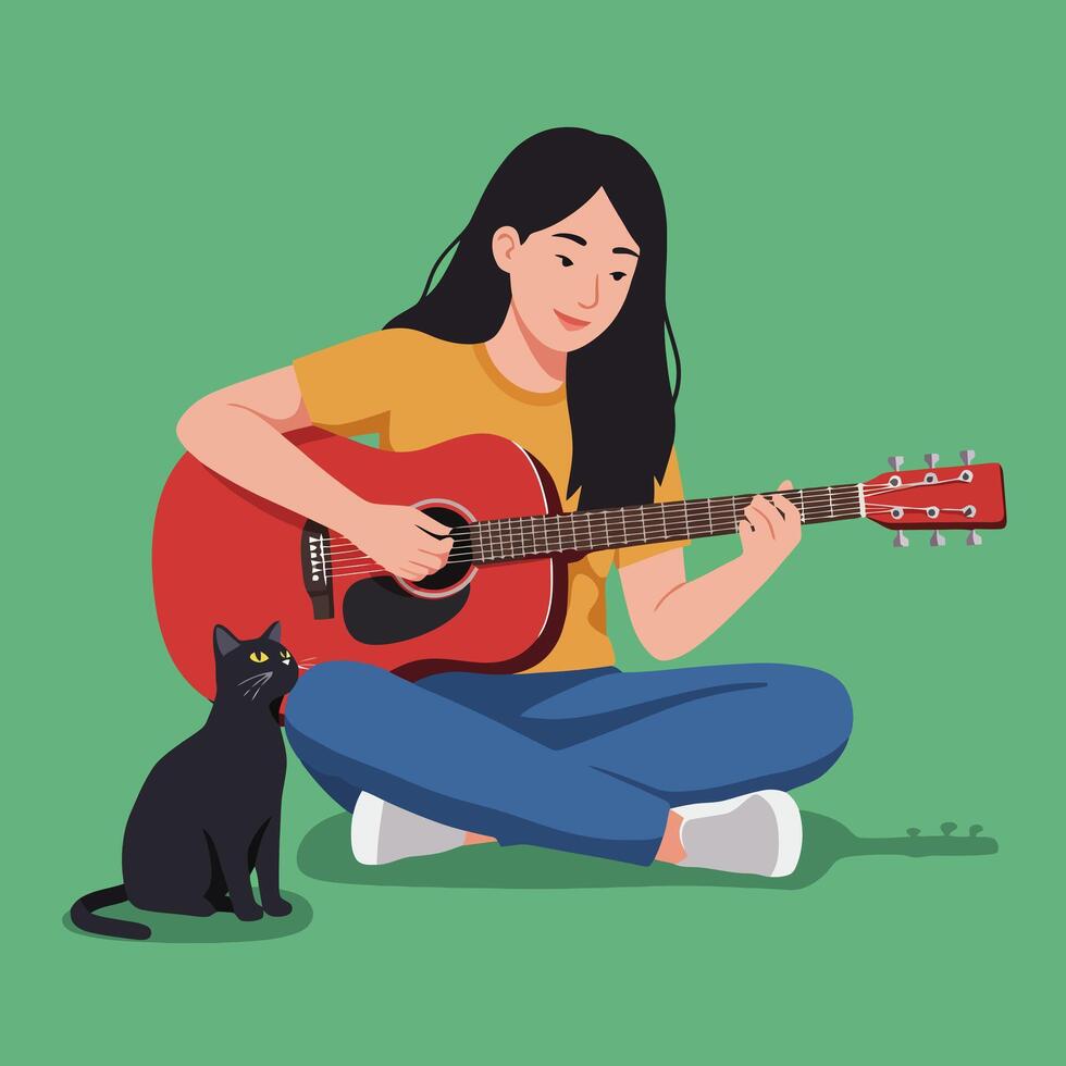 Woman Playing Guitar While Sitting with Black Cat on Floor vector