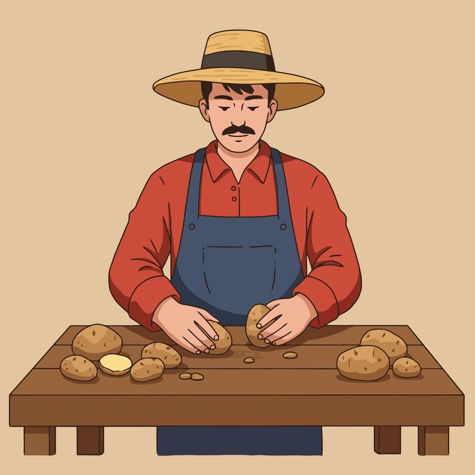 Farmer Preparing Potatoes on Wooden Table Illustration for Food Concepts vector