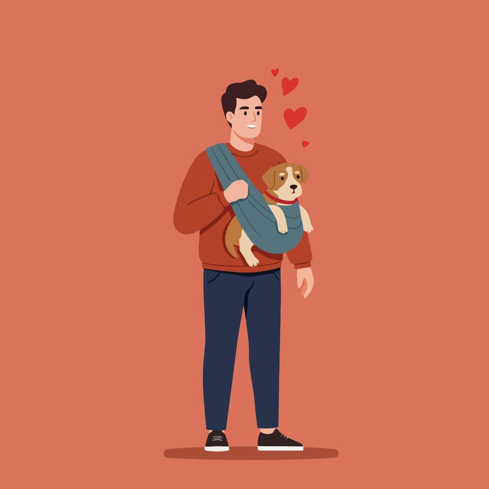 Man Carrying Small Dog in a Sling with Love Hearts vector