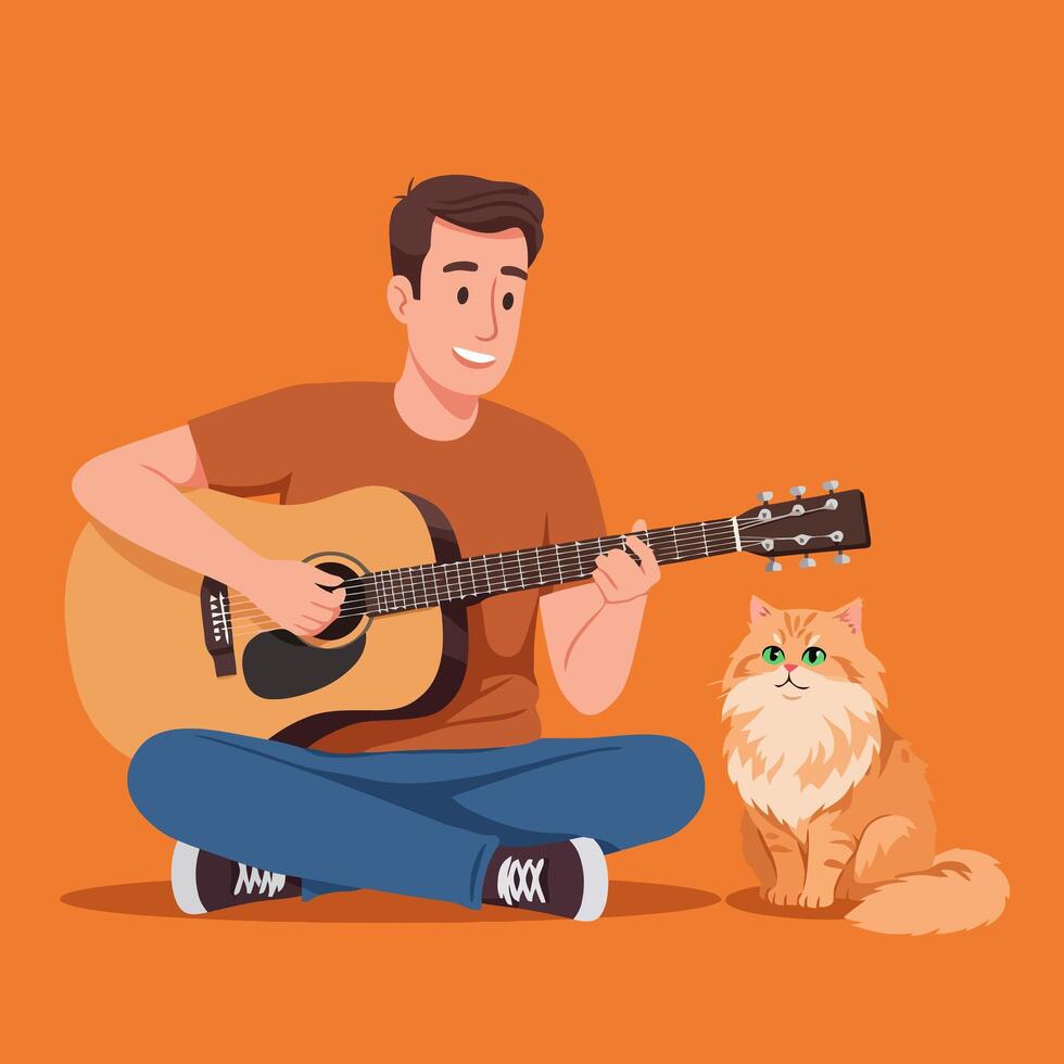 Man Playing Guitar with Fluffy Cat Sitting Beside Him Comfortably vector