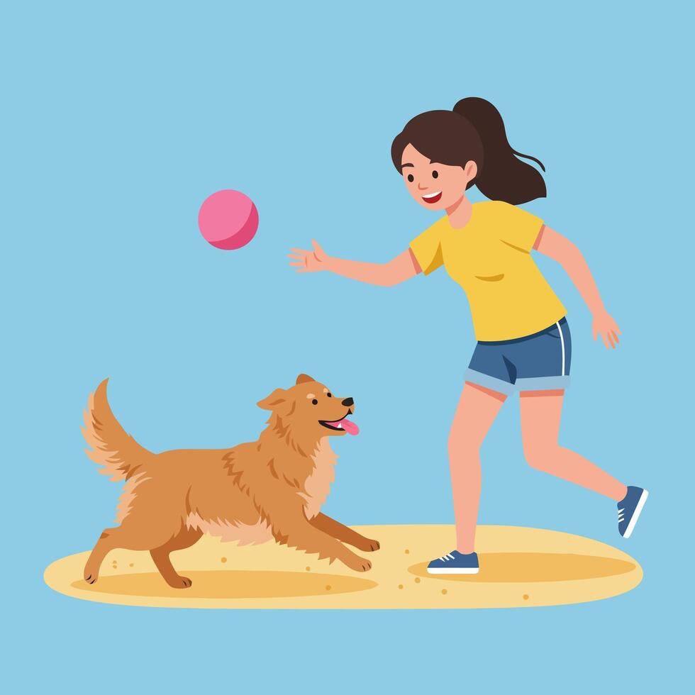 Woman Throwing a Ball to a Dog at a Beach vector