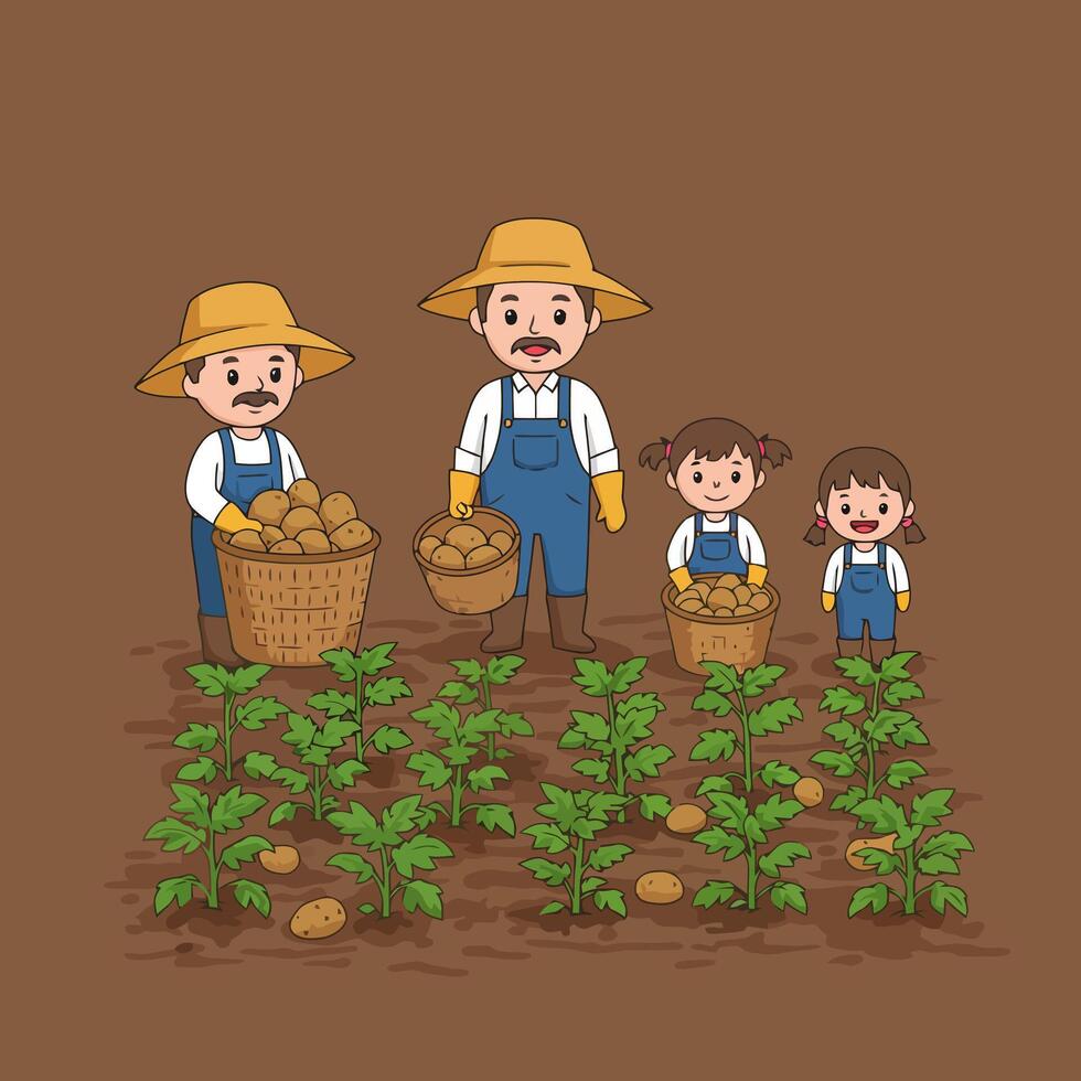 Family Harvesting Potatoes Together in Farm Field Cartoon Illustration vector