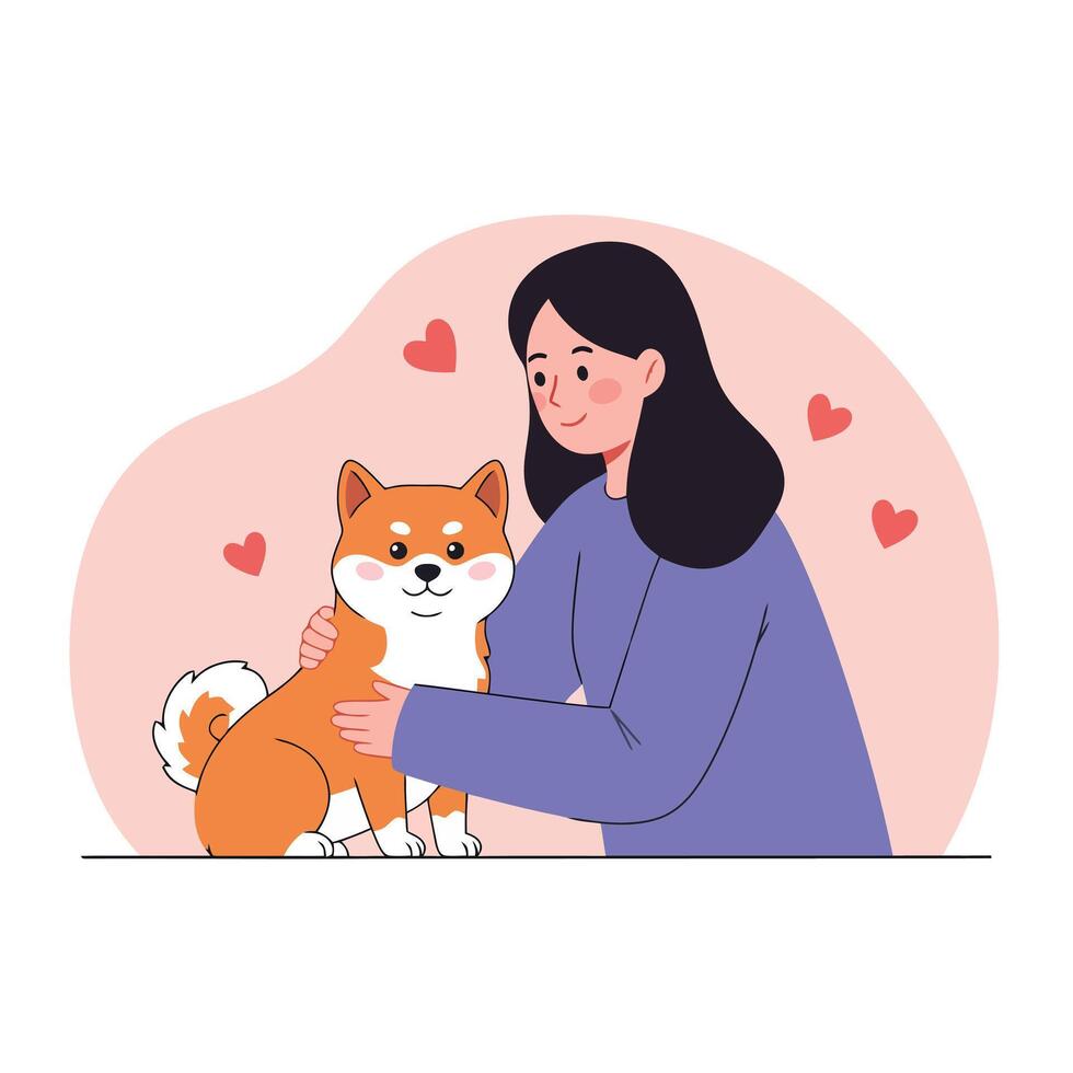 Woman Patting Shiba Inu Dog Surrounded by Hearts in Cartoon Style vector