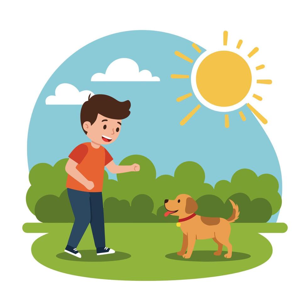 Boy Playing with Dog in Sunny Outdoor Scene on Green Lawn vector