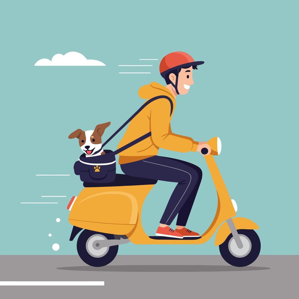 Man Riding Scooter with Dog in Carrier Travel and Lifestyle vector