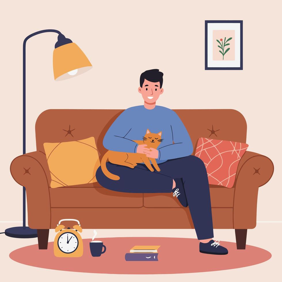 Man Relaxing on Couch with Cat Pet at Home Indoor vector