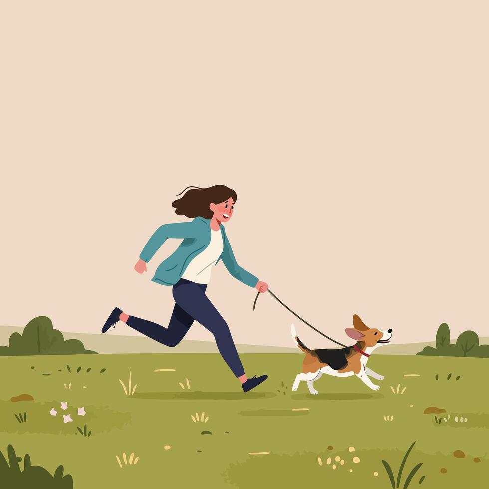 Woman Running with Dog in a Park on a Sunny Day vector