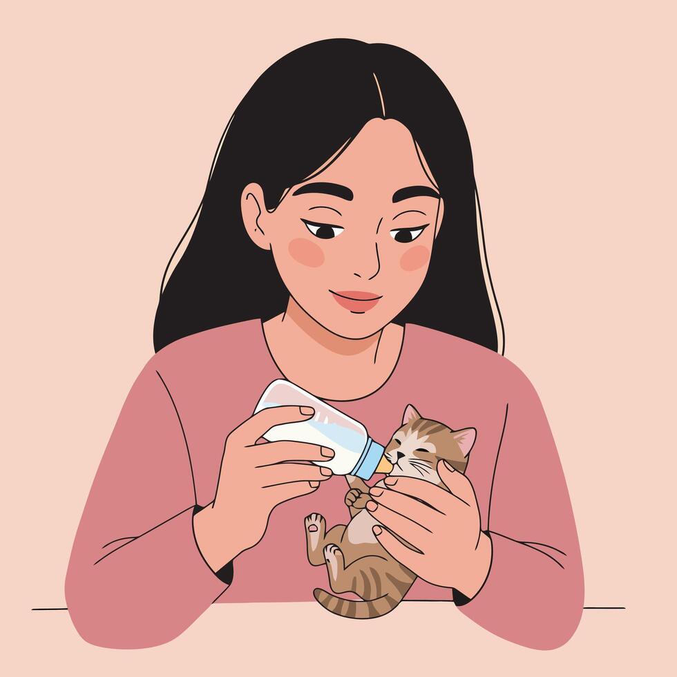 Woman Feeding Milk to Kitten with Bottle in Her Arms vector