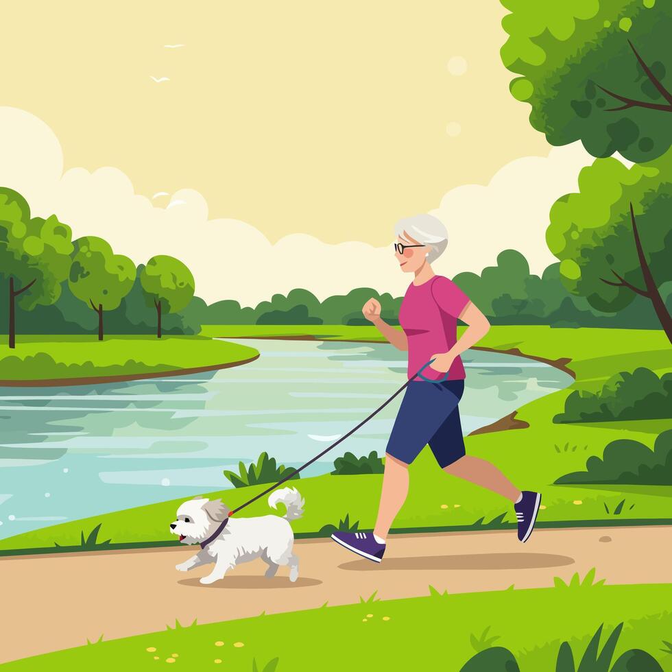 Woman Jogging with Dog in Park by Lake Nature Illustration vector