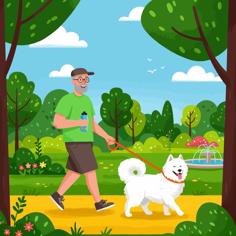Man Walking Dog in Park on Sunny Day for Exercise vector