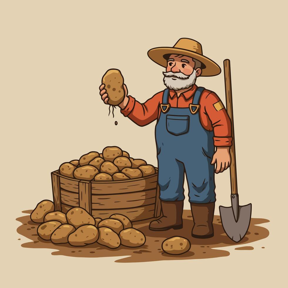 Farmer Harvesting Potatoes Freshly Dug with Shovel and Wooden Crate vector