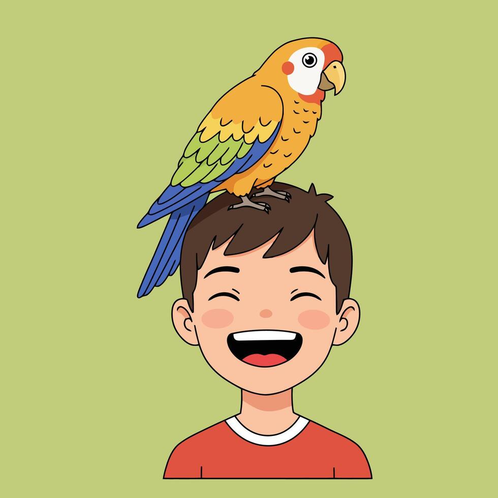 Boy Laughing with Colorful Parrot Perched on Head Cartoon Illustration vector