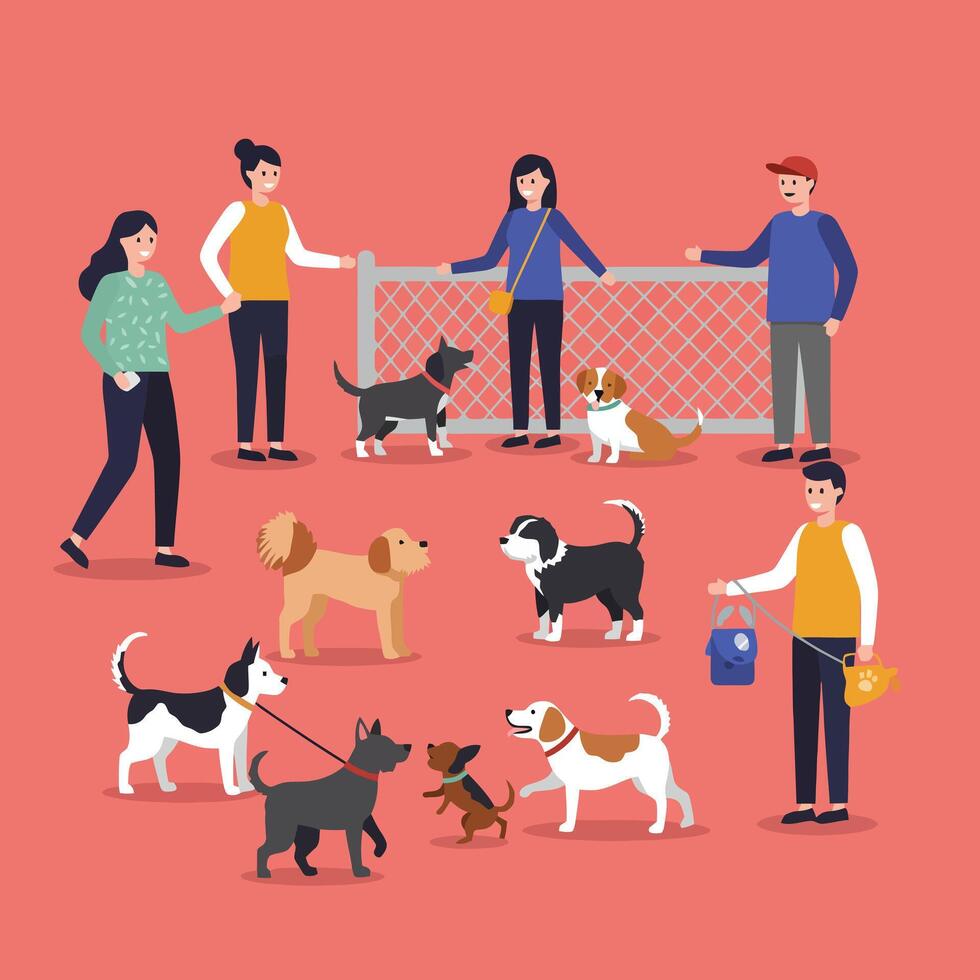 Dog Park Gathering People Watching Different Dogs Interacting in a Group vector