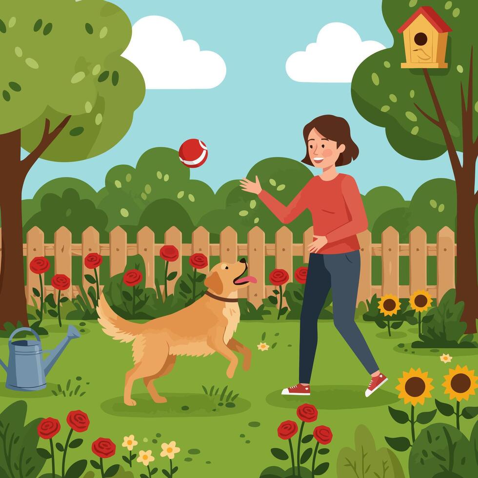 Playing Fetch with Dog in Garden with Flowers and Birdhouse vector