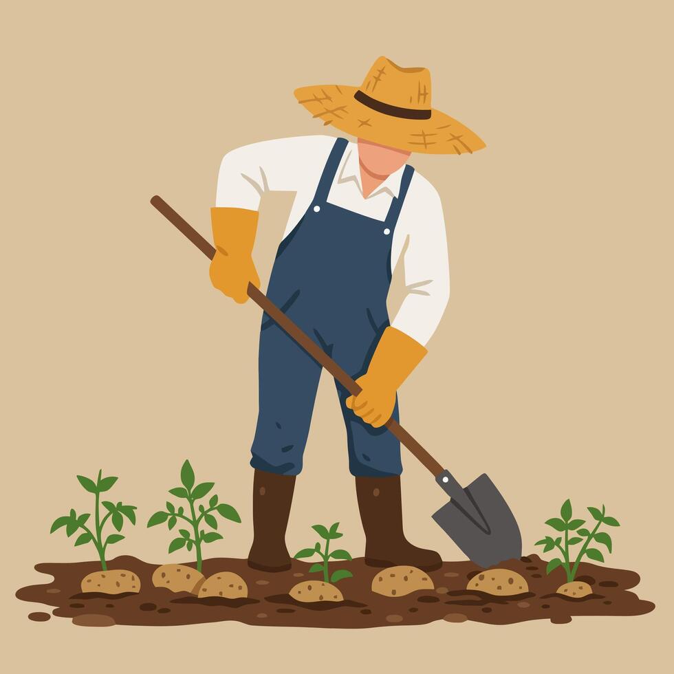 Farmer Digging Soil with Shovel Planting Crops in the Field vector