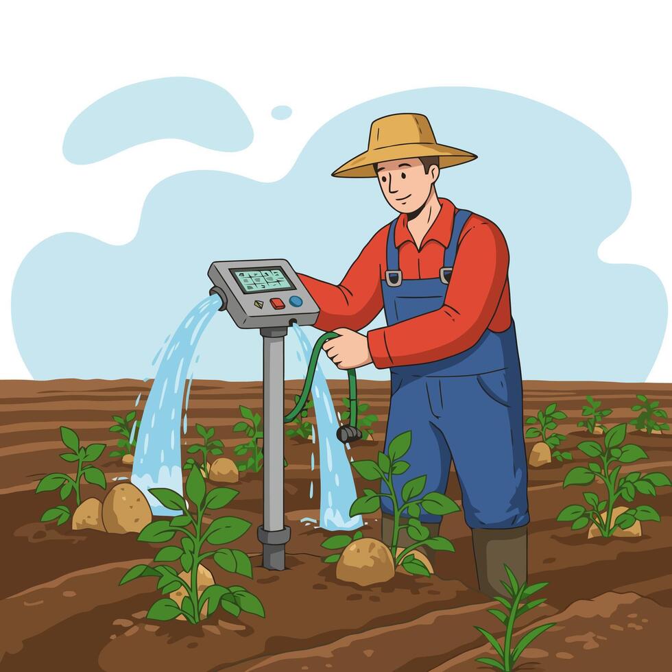 Farmer Irrigating Potato Field with Automated Irrigation System Cartoon vector