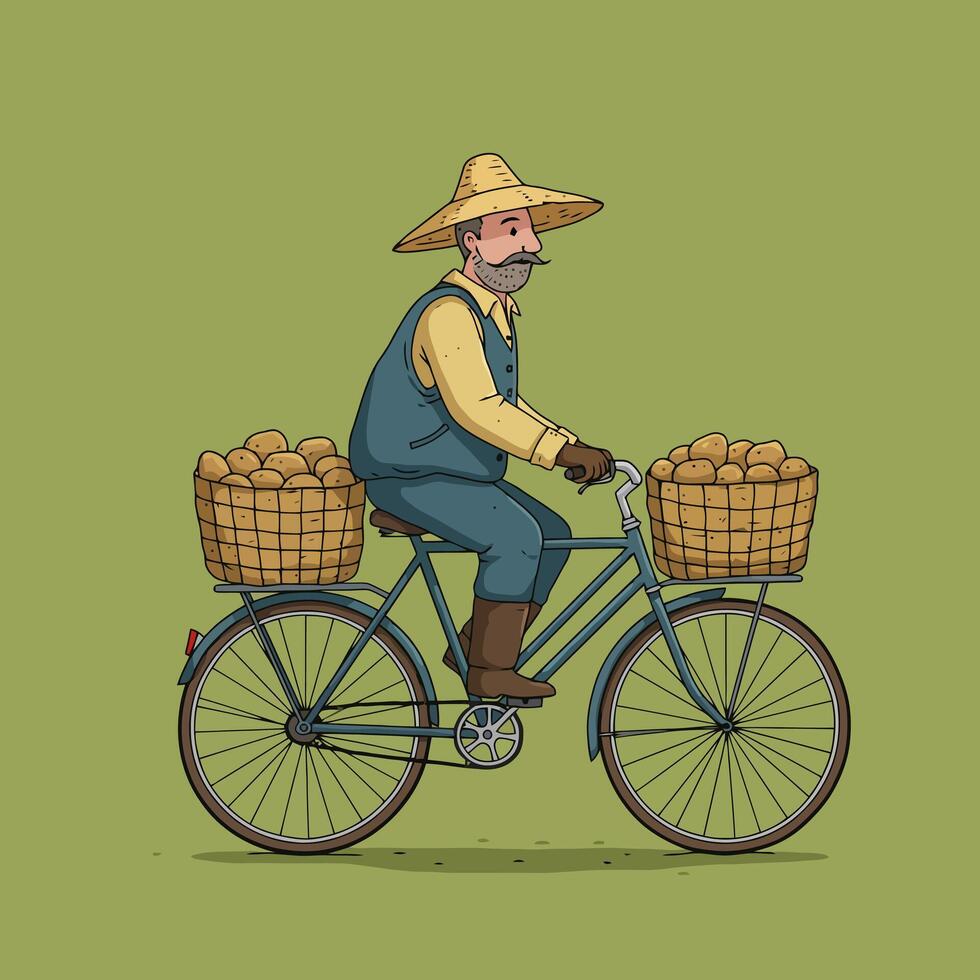 Farmer Riding Bicycle Carrying Potatoes in Baskets Illustration on Green vector