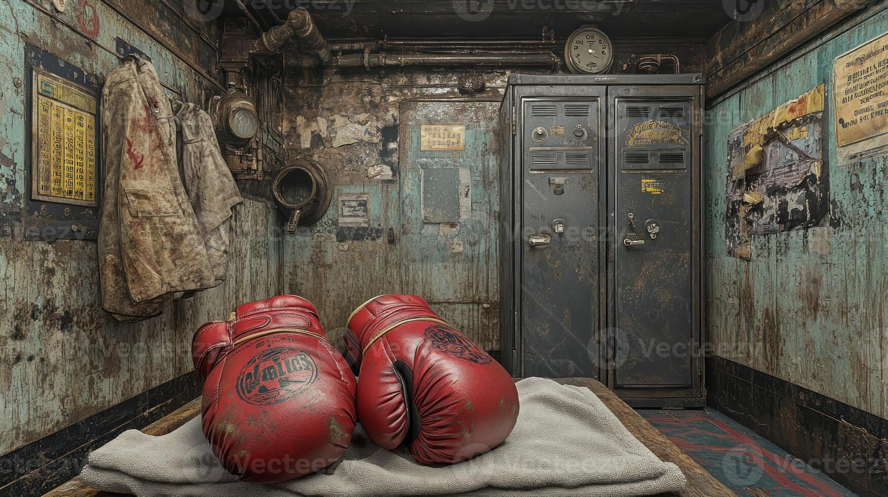 Worn boxing gloves rest on bench in gritty locker room photo