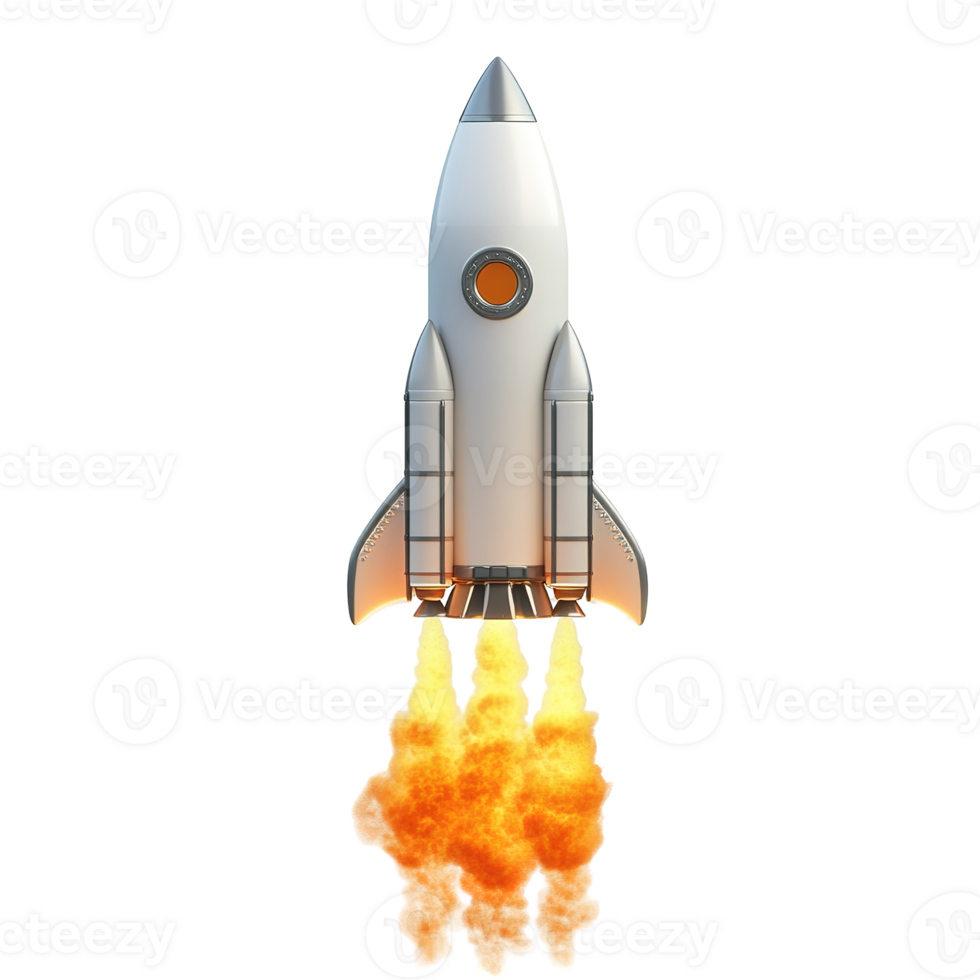 A silver rocket ship launches upwards with visible flames below png
