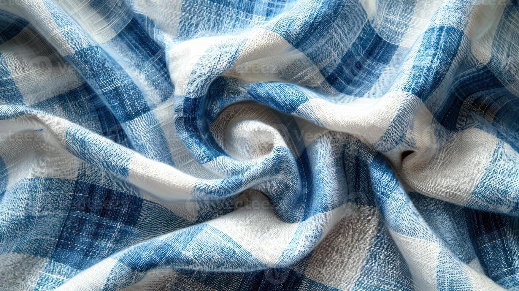 Wrinkled blue and white checked fabric texture. photo