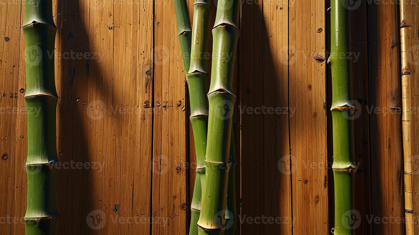 bamboo wood surface with visible nodes, illuminated by diffused afternoon light. Show the delicate interplay of light and shadow that highlights the fine texture and subtle color variations. photo