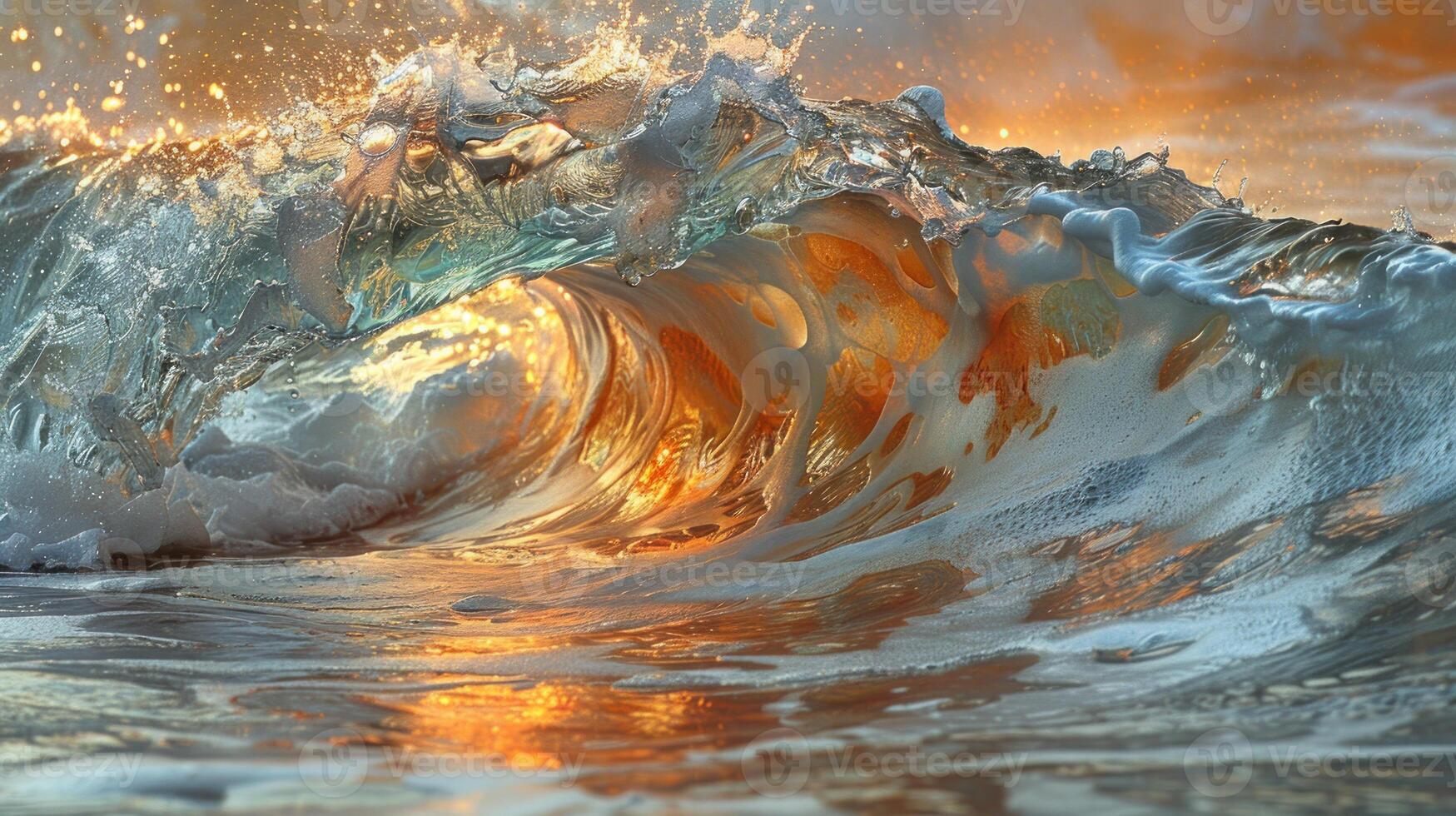 Golden sunrise wave, vibrant colors, and textures of a powerful ocean wave. photo