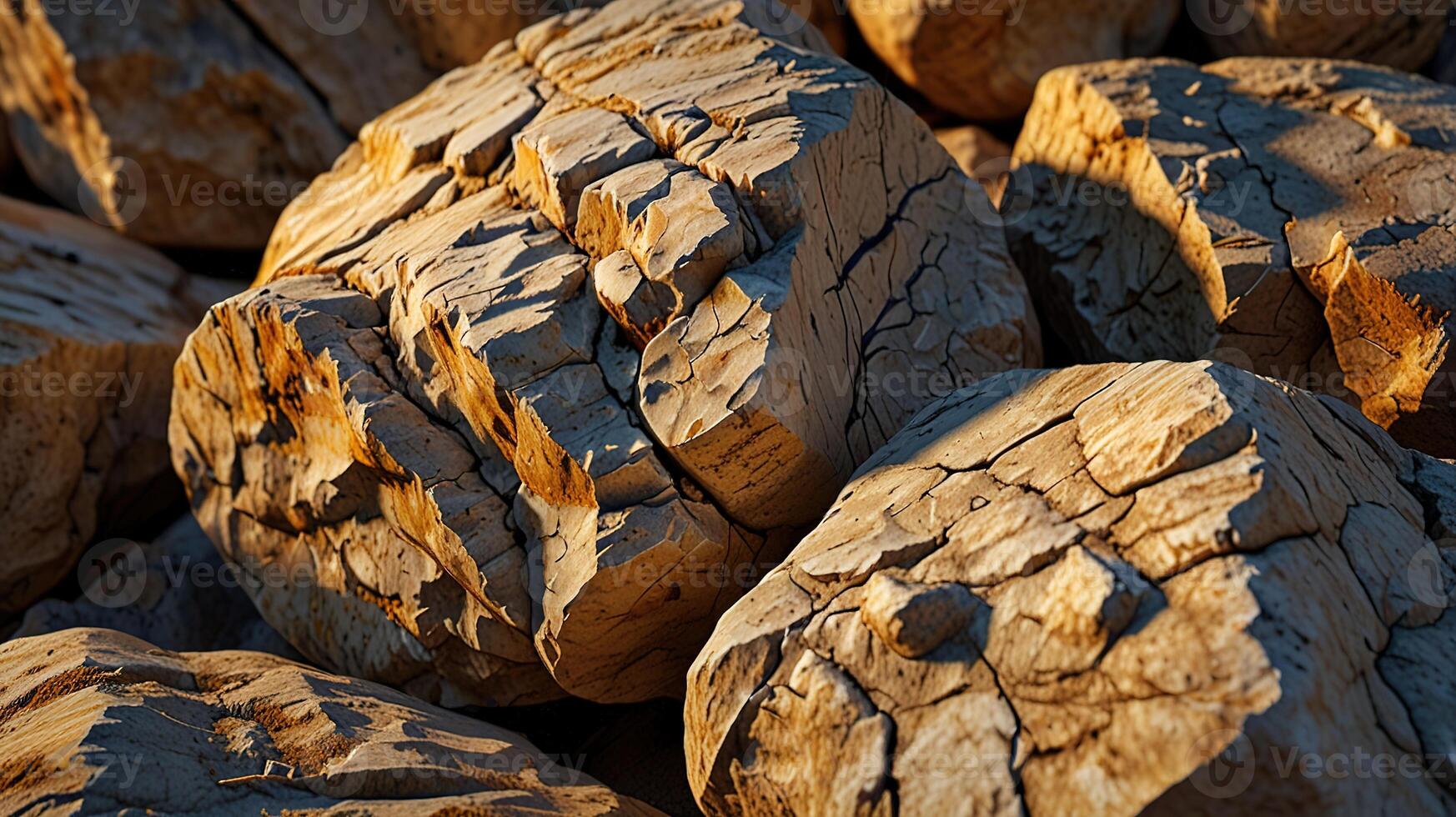 rough limestone rock surface with weathered grooves, illuminated by the golden light of sunset. Emphasize the intricate details and depth of the grooves. photo