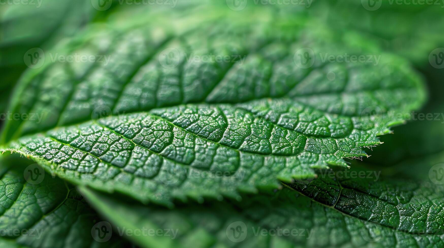 Close-up view of vibrant green leaves, showcasing intricate vein patterns and textures. photo