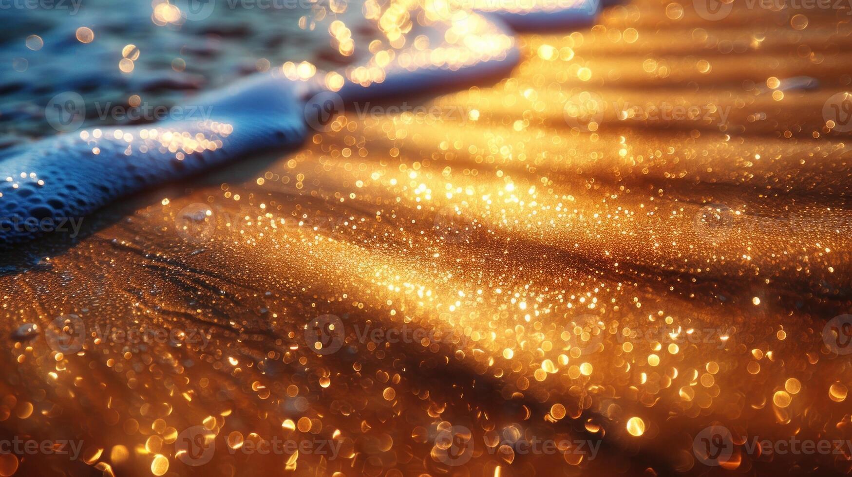 Golden beach sand texture with waves. Sunlight gleams on wet, sparkling sand. Close-up view of ocean wave on shore. photo