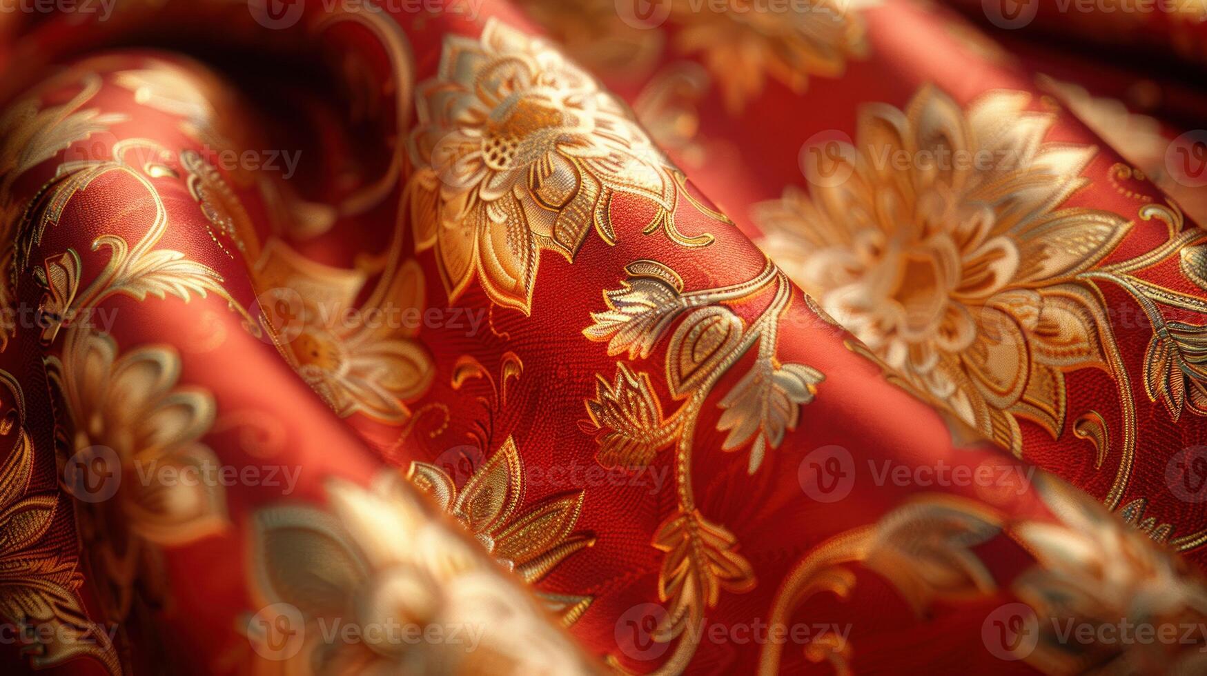 Luxurious red fabric with gold floral damask pattern, draping elegantly. photo