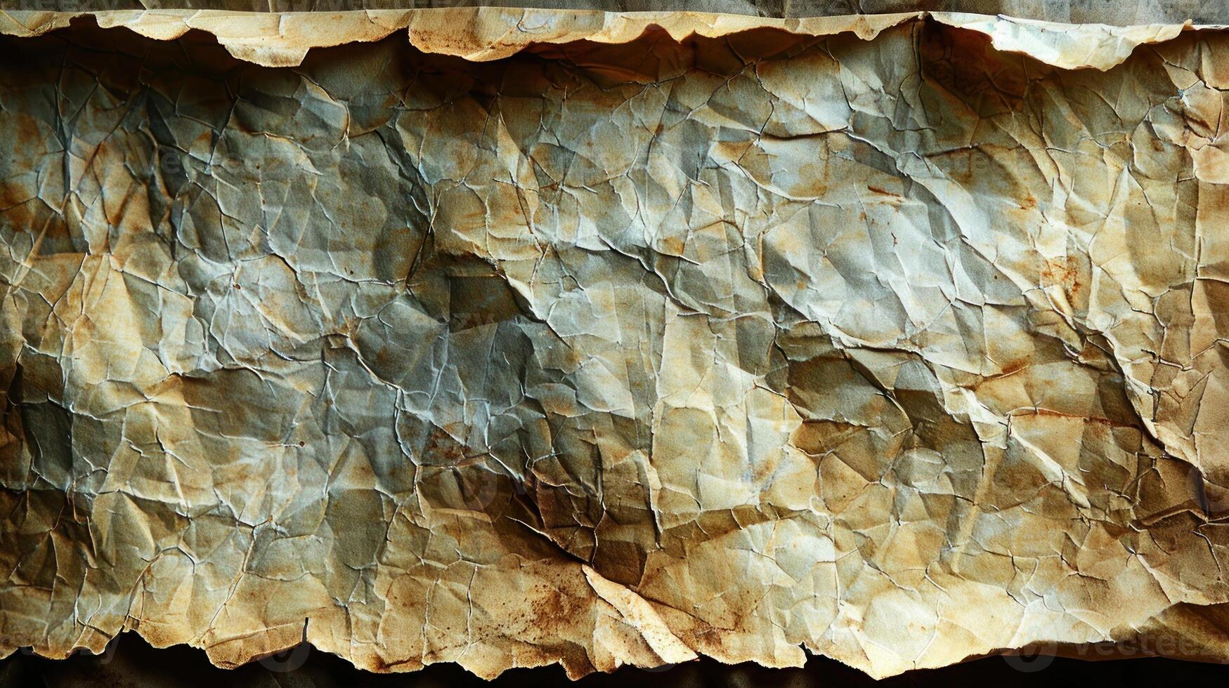 Crinkled, aged paper texture with various shades of brown and gray. photo
