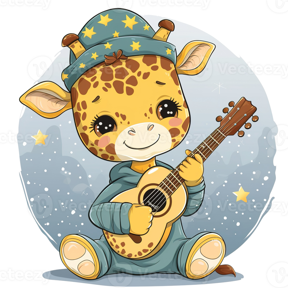 Cartoon giraffe character playing guitar while wearing a pajama suit png