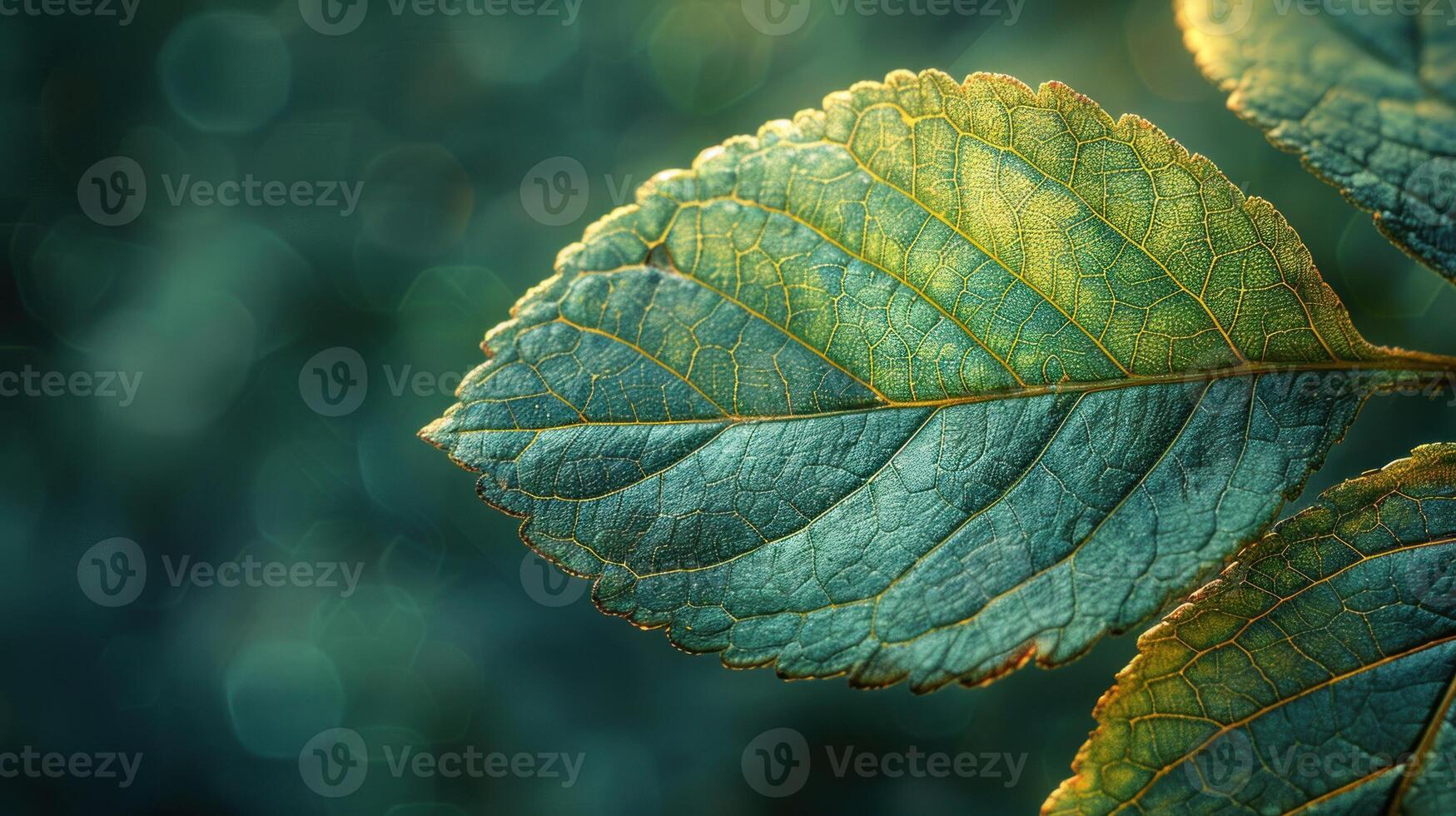 Close-up of vibrant teal and gold leaf, soft bokeh background. photo