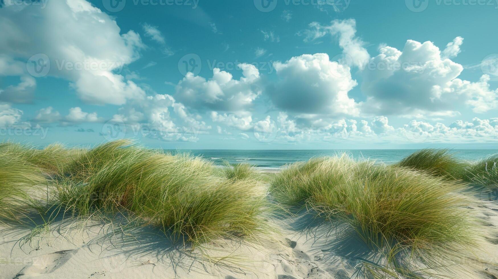 Picturesque beach dune landscape under a vibrant sky. Lush green grasses grow on the sandy dunes, leading to the tranquil ocean. Vivid colors and fluffy clouds create a serene atmosphere.. photo
