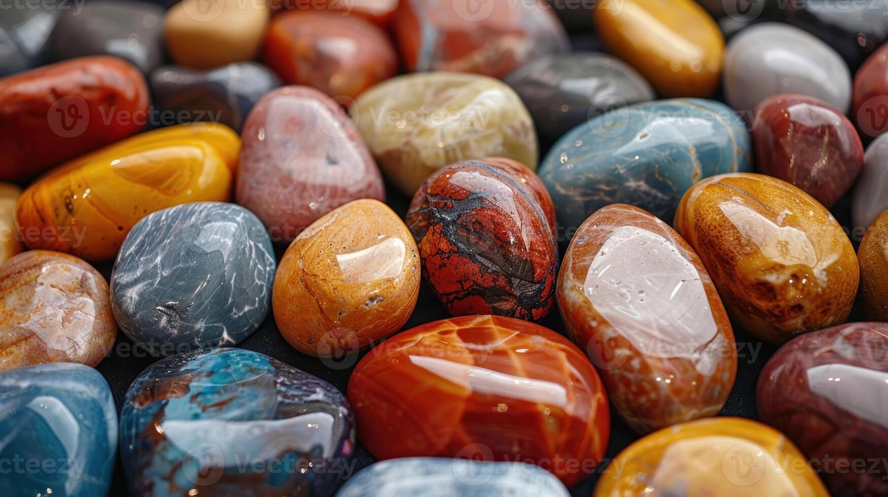 Close-up view of a variety of colorful polished stones. photo