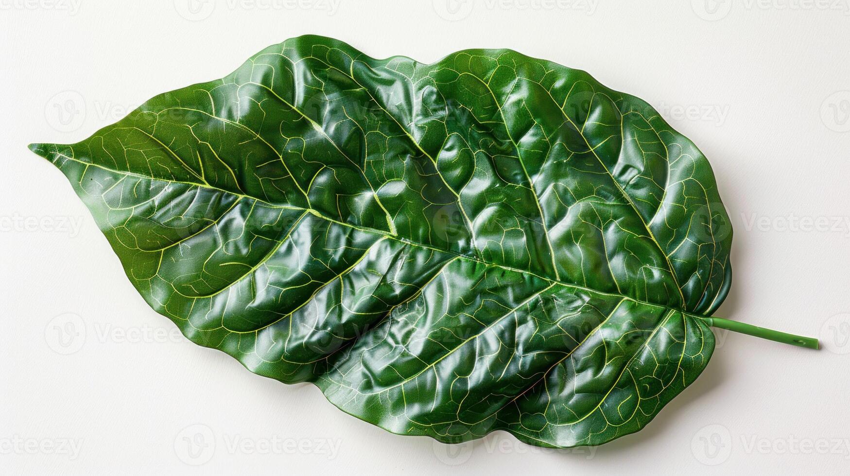 Single vibrant green leaf on white background. Close-up view of leaf's texture and veins. photo