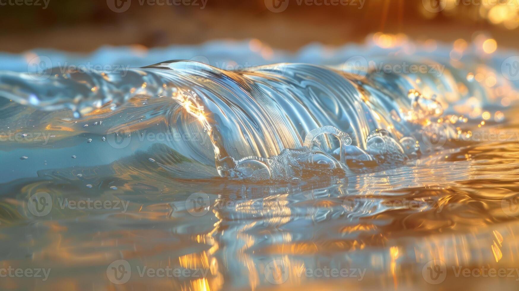 Close-up view of a beautiful ocean wave at sunset, with golden light reflecting on the water surface. photo