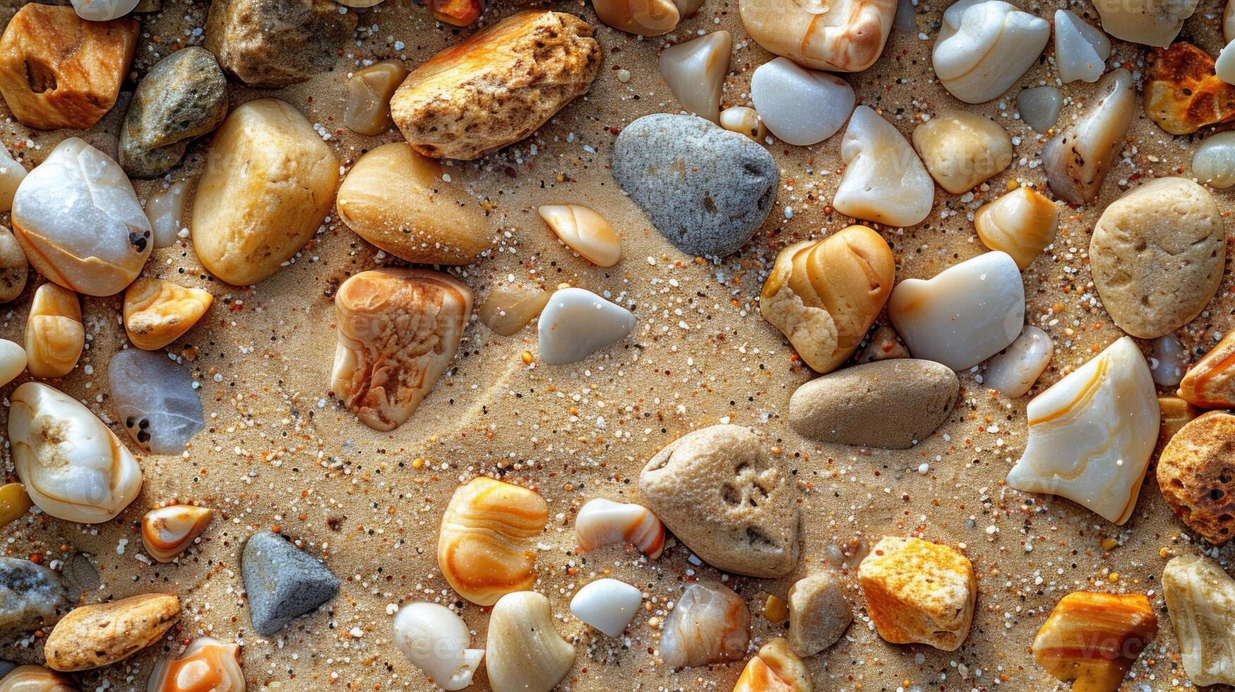 Close-up of multicolored pebbles and sand. Texture of beach stones and grains. Natural background. photo