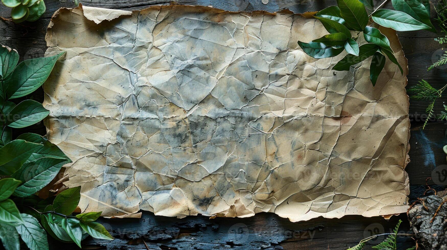 Aged parchment paper with green leaves, vintage, antique, textured, background, nature, botanical, photo